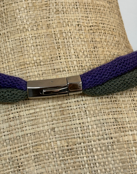 Bold Braided Cotton Necklace – Colourblock Textile Jewellery Khaki and Purple