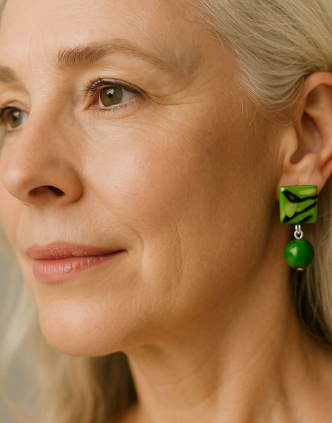 Kelly Square Tagua Studs with Acai Seed Drop Earrings