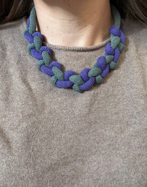 Bold Braided Cotton Necklace – Colourblock Textile Jewellery Khaki and Purple