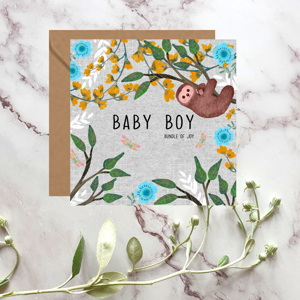 Baby Boy sloth greeting card - Blank inside - Pretty Pink Jewellery