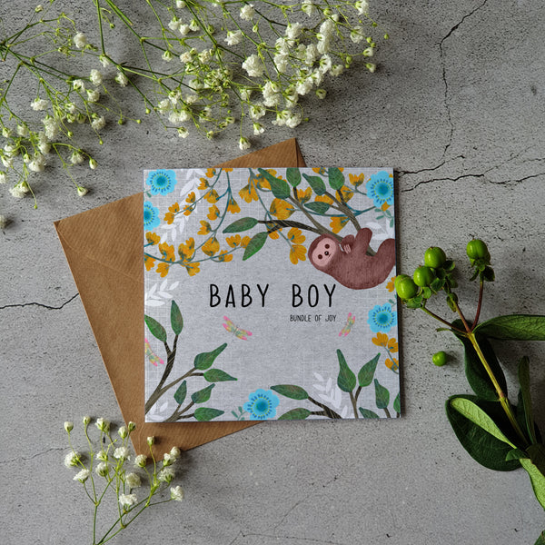 Baby Boy sloth greeting card - Blank inside - Pretty Pink Jewellery