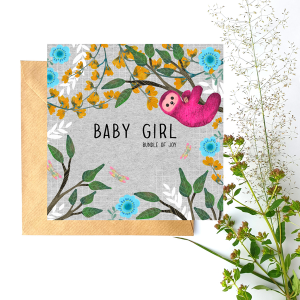 Baby girl sloth greeting card - Blank inside - Pretty Pink Jewellery