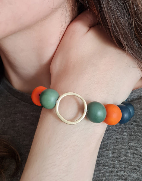 Bola Tagua Bracelet - Green and Orange - Pretty Pink Jewellery