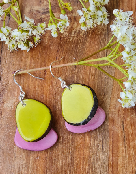 Lime & Pink Secca Tagua Nut Earrings - Pretty Pink Jewellery