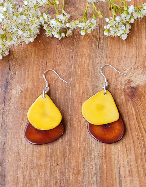 Yellow & Brown Secca Tagua Nut Earrings - Pretty Pink Jewellery