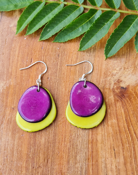 Purple & Lime Secca Tagua Nut Earrings - Pretty Pink Jewellery