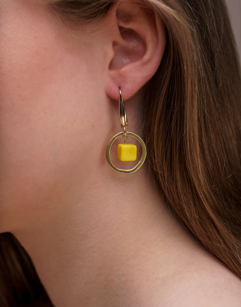 Yellow Cubo Brass Hoop Earrings - Pretty Pink Jewellery