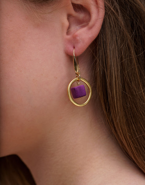 Purple Cubo Brass Hoop Earrings - Pretty Pink Jewellery