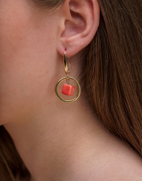 Coral Cubo Brass Hoop Earrings - Pretty Pink Jewellery