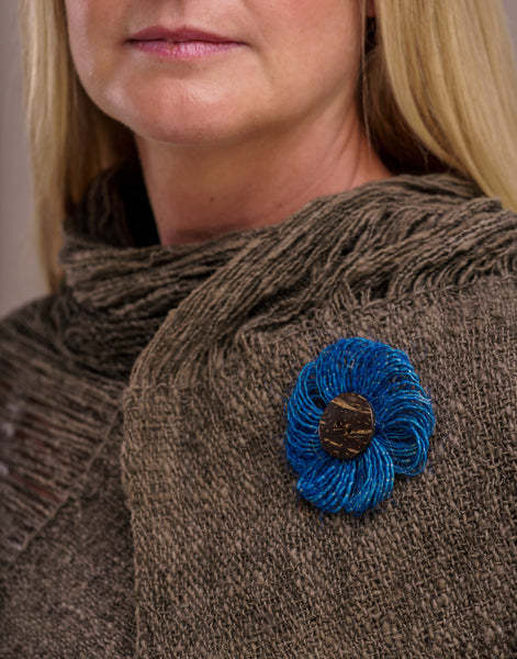 Blue Jute Flower Brooch - Pretty Pink Jewellery