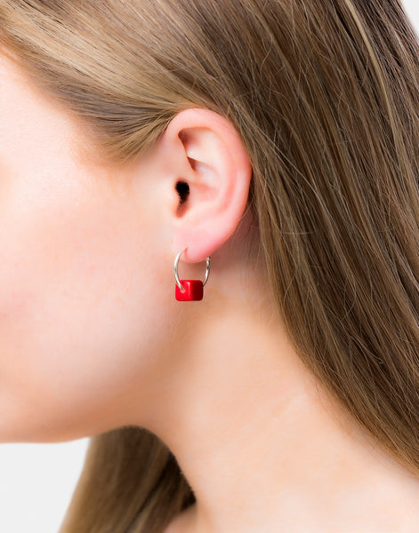 Red Cubo Maxi Silver Hoop Earrings - Pretty Pink Jewellery
