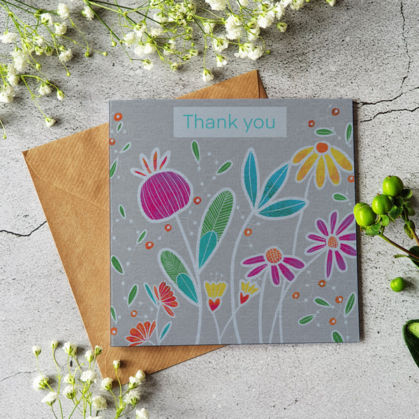 Thank you grey floral greeting card - Blank inside - Pretty Pink Jewellery