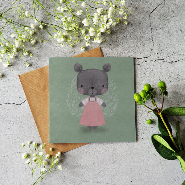 Cute bear dusky green greeting card - Blank inside - Pretty Pink Jewellery