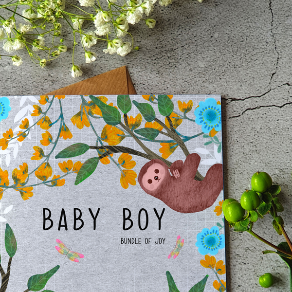 Baby Boy sloth greeting card - Blank inside - Pretty Pink Jewellery