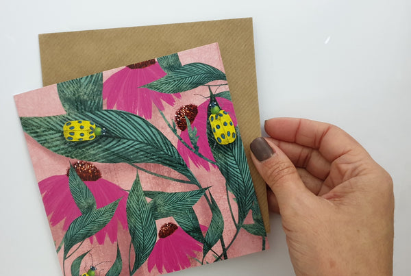 Flowers and bugs - greeting card blank inside - Pretty Pink Jewellery