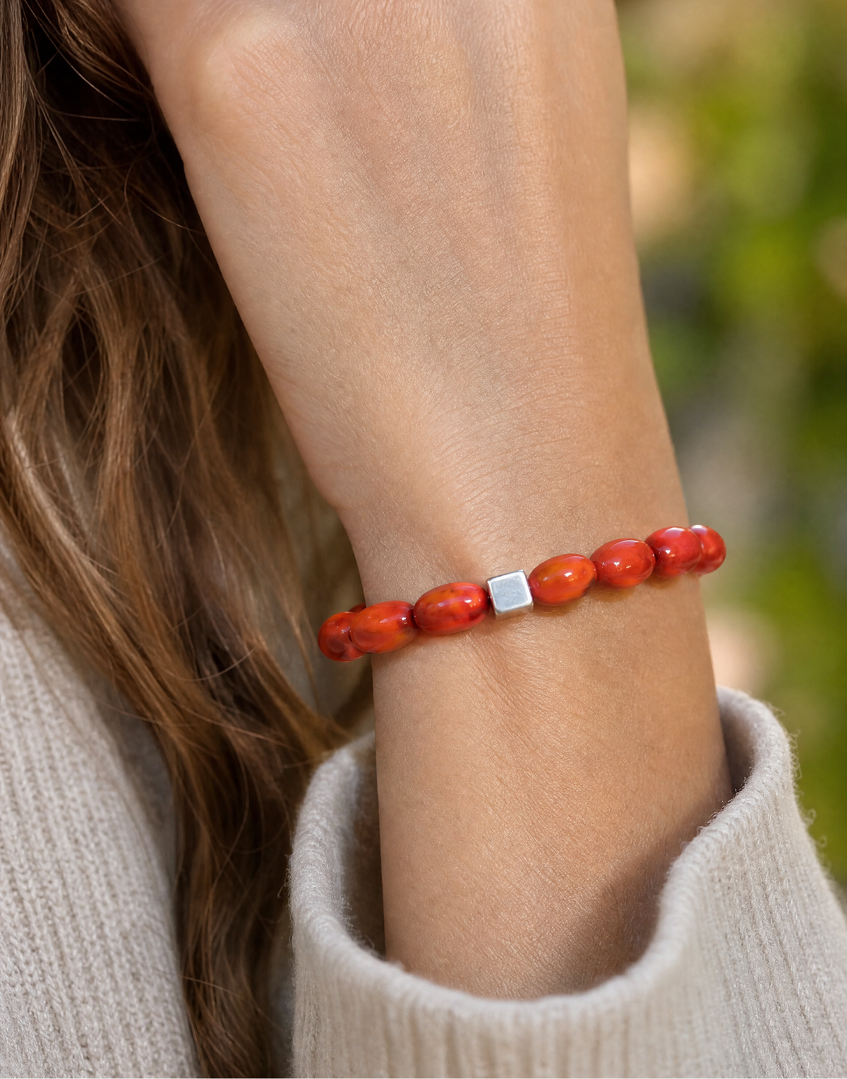 Coral Ember Red Tagua Barrel Bead Stretch Bracelet – Handmade Artisan Jewellery