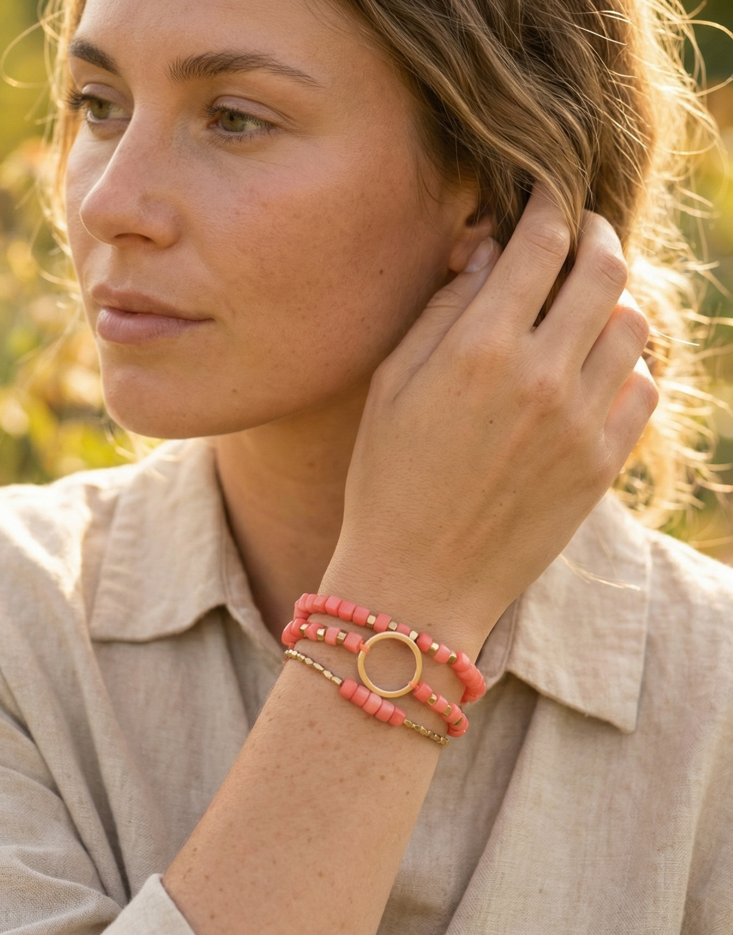 Dainty Triple Tagua Bracelet - Coral