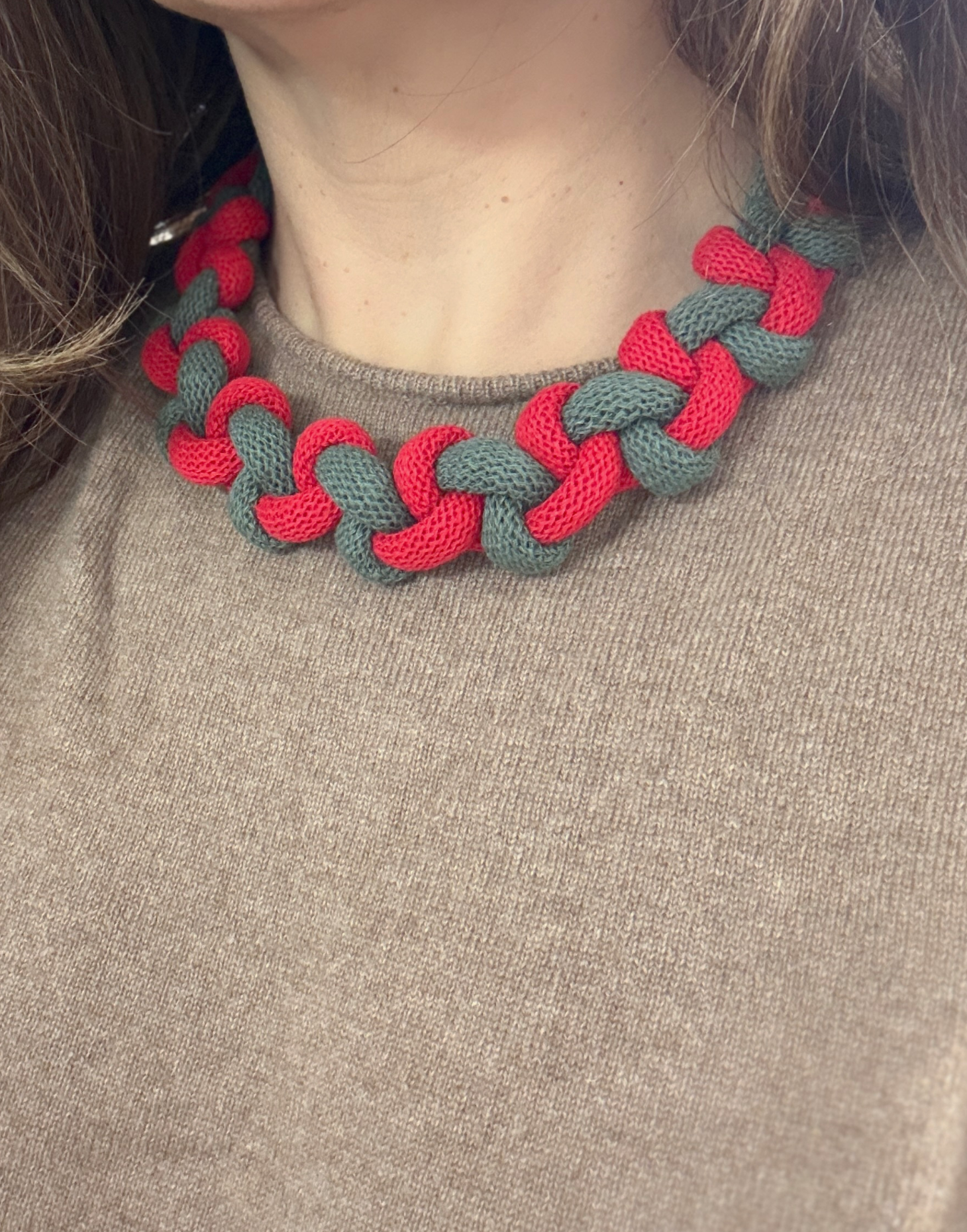 Bold Braided Cotton Necklace – Colourblock Textile Jewellery Khaki and Red