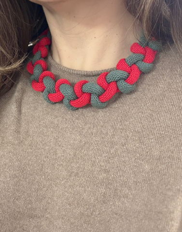 Bold Braided Cotton Necklace – Colourblock Textile Jewellery Khaki and Red