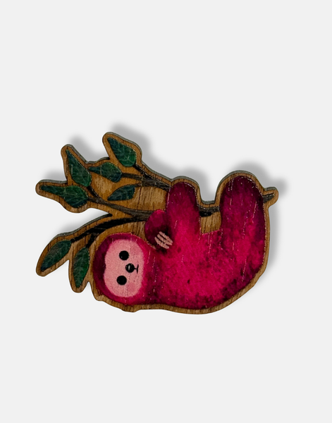 Pink Sloth Wooden Brooch – by Ilana Ewing Illustration