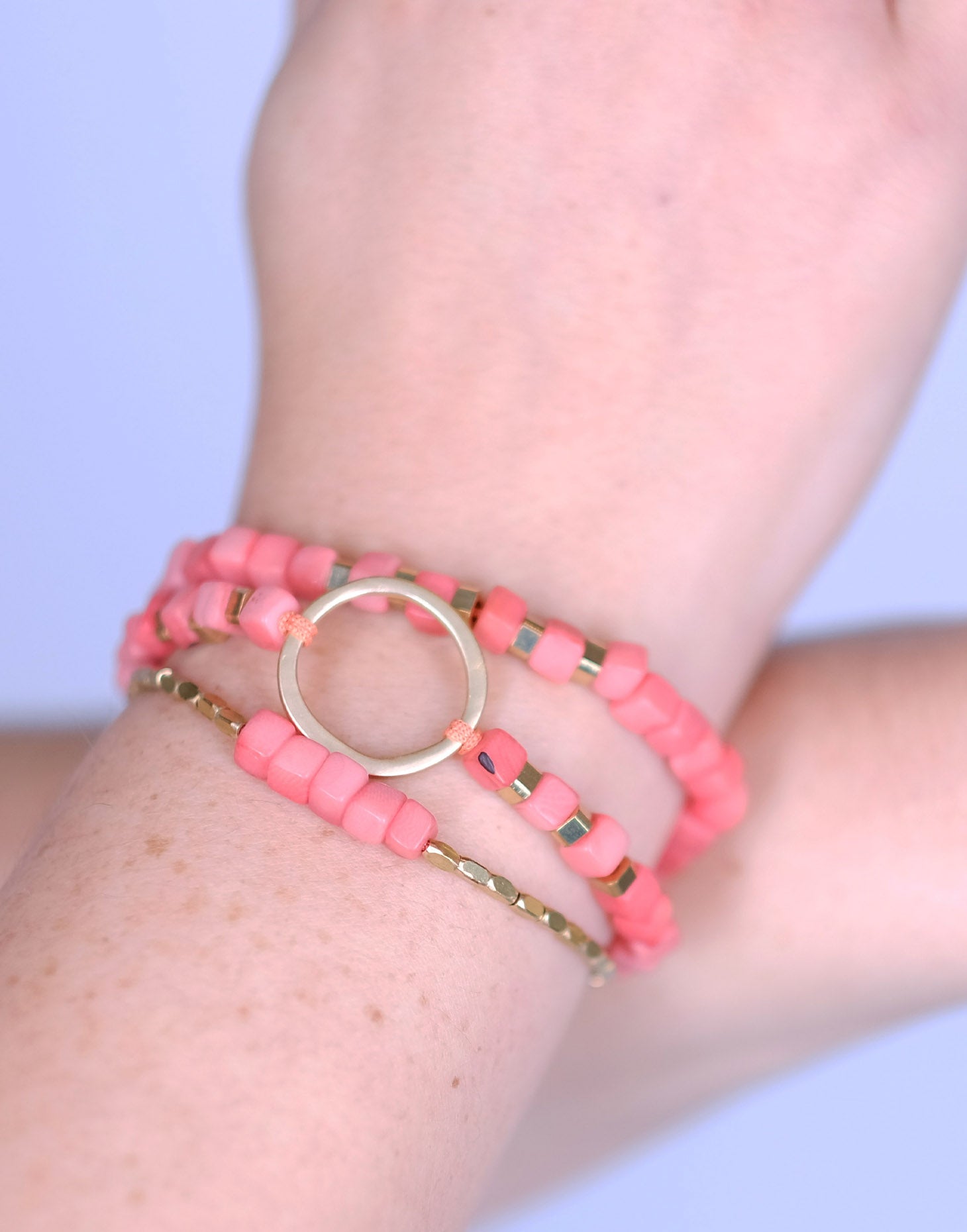 Dainty Triple Tagua Bracelet - Coral - Pretty Pink Jewellery