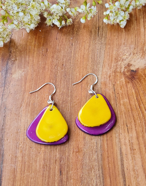 Yellow & Purple Secca Tagua Nut Earrings - Pretty Pink Jewellery