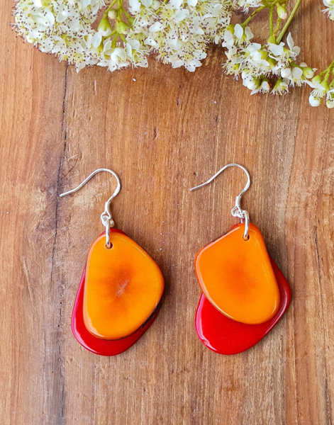 Orange & Red Secca Tagua Nut Earrings - Pretty Pink Jewellery