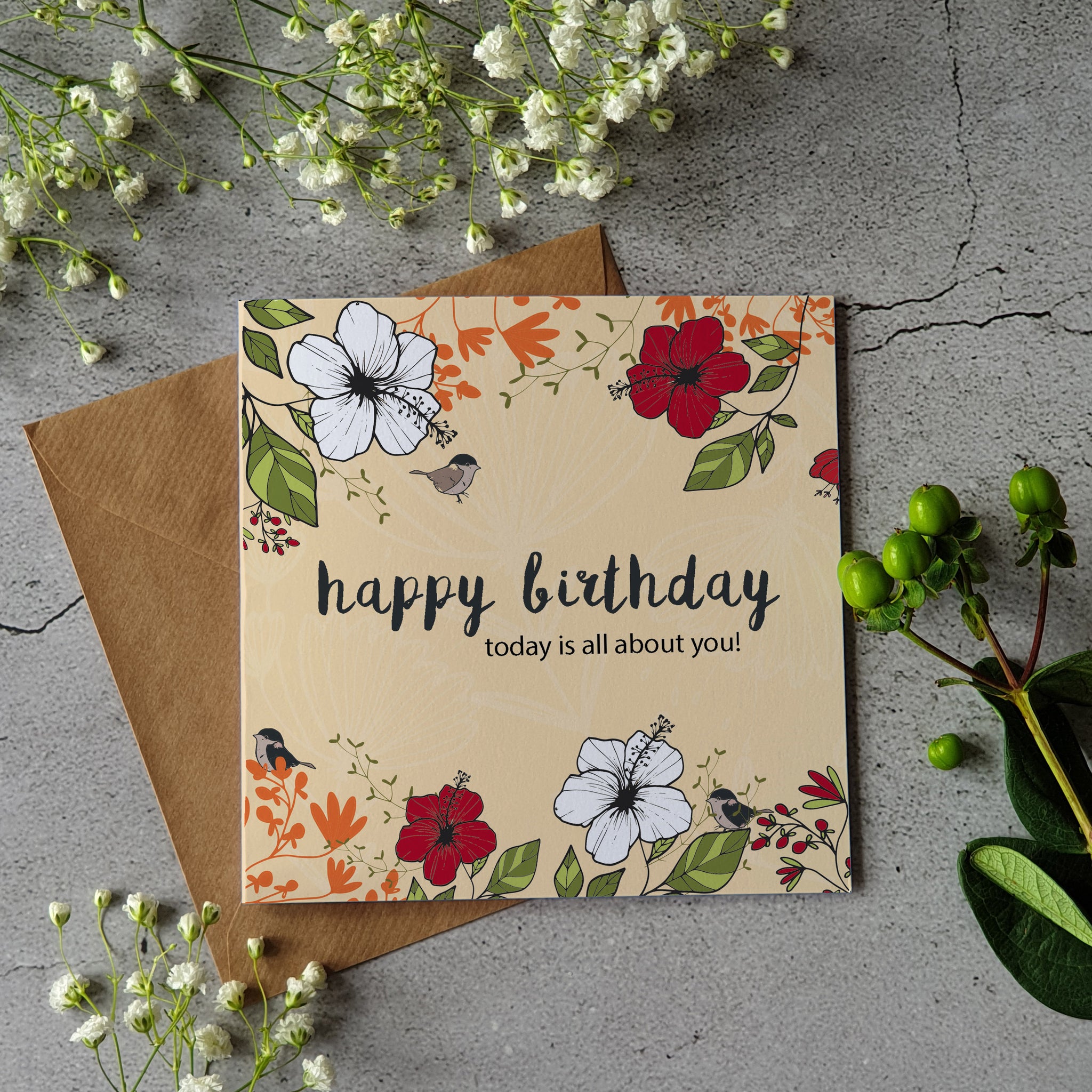 Happy birthday floral cream greeting card - Pretty Pink Jewellery
