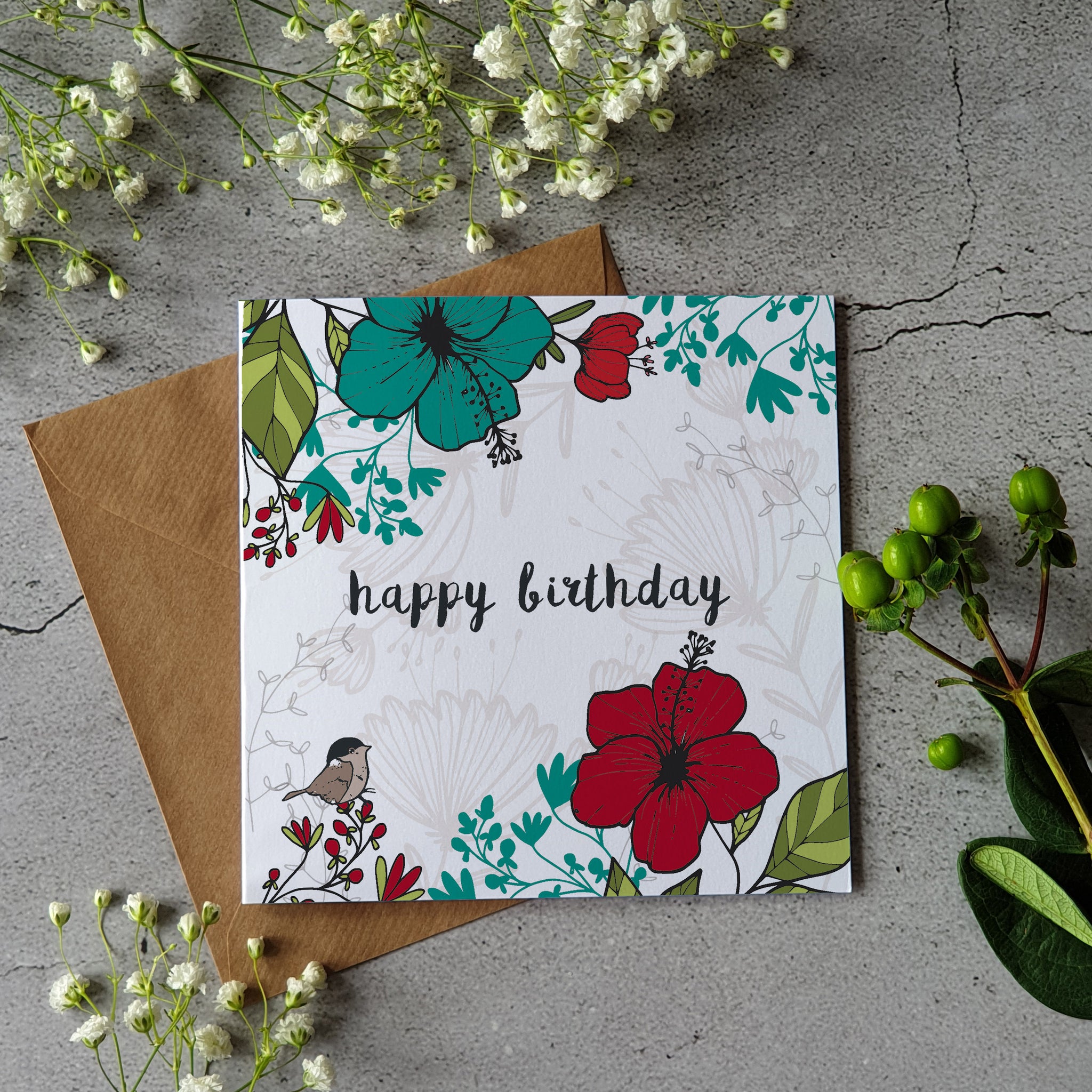 Happy Birthday - Floral white greeting card - Pretty Pink Jewellery