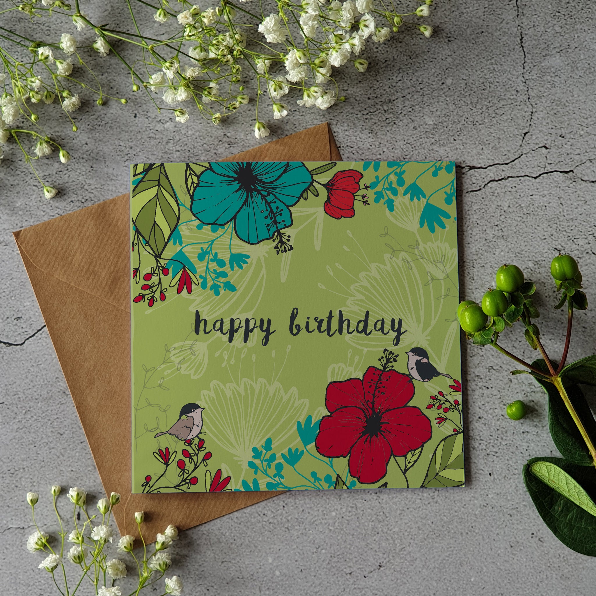Happy Birthday - Floral green greeting card - Pretty Pink Jewellery