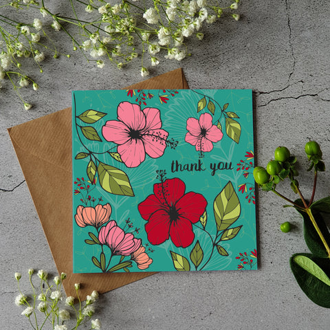 Thank you - Floral aqua greeting card - Pretty Pink Jewellery