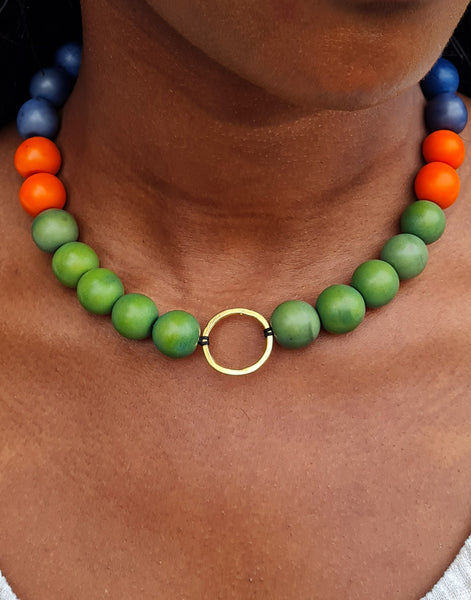 Bola Argola Brass Tagua Necklace - Green and Orange - Pretty Pink Jewellery