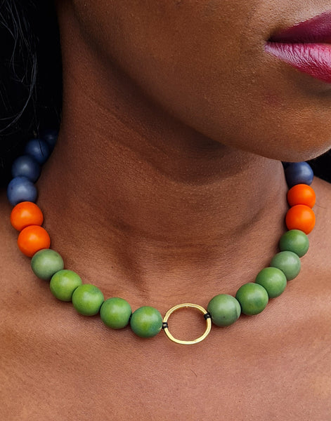 Bola Argola Brass Tagua Necklace - Green and Orange - Pretty Pink Jewellery