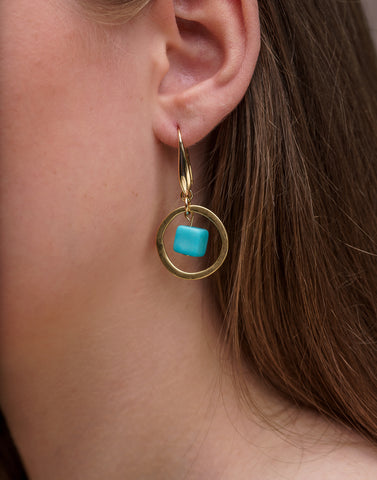 Blue Cubo Brass Hoop Earrings - Pretty Pink Jewellery