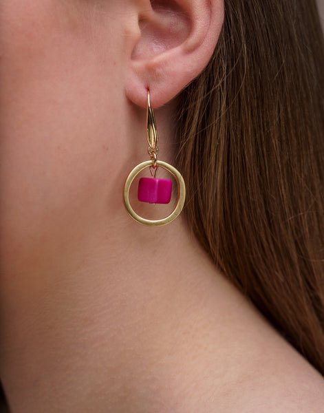 Pink Cubo Brass Hoop Earrings - Pretty Pink Jewellery