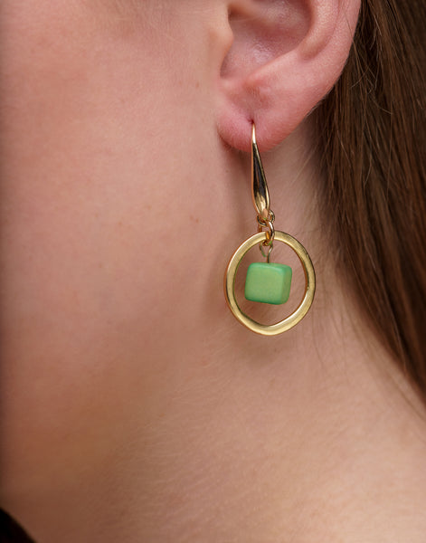 Lime Green Cubo Brass Hoop Earrings - Pretty Pink Jewellery