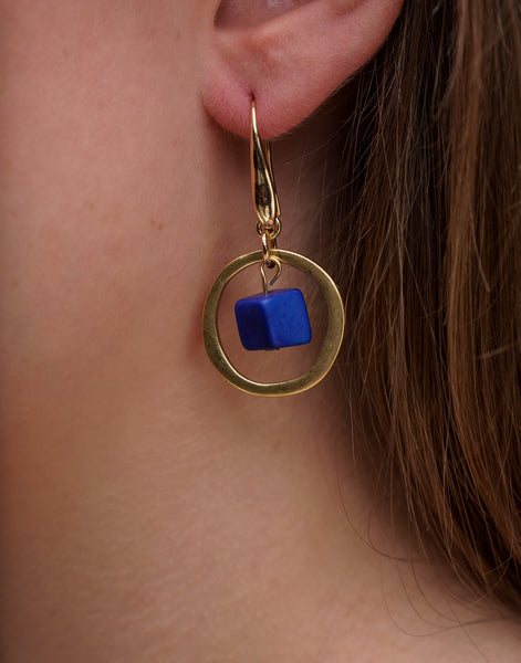 Cobalt Blue Cubo Brass Hoop Earrings - Pretty Pink Jewellery