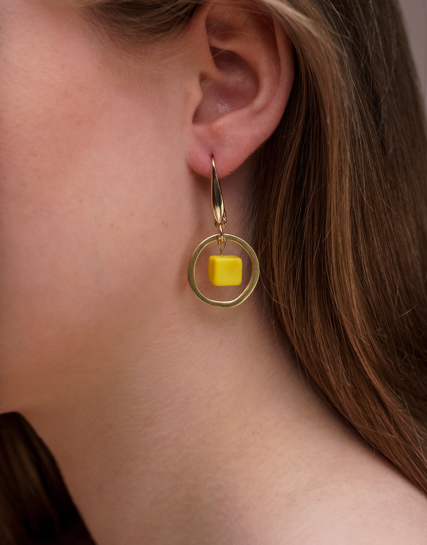 Yellow Cubo Brass Hoop Earrings - Pretty Pink Jewellery