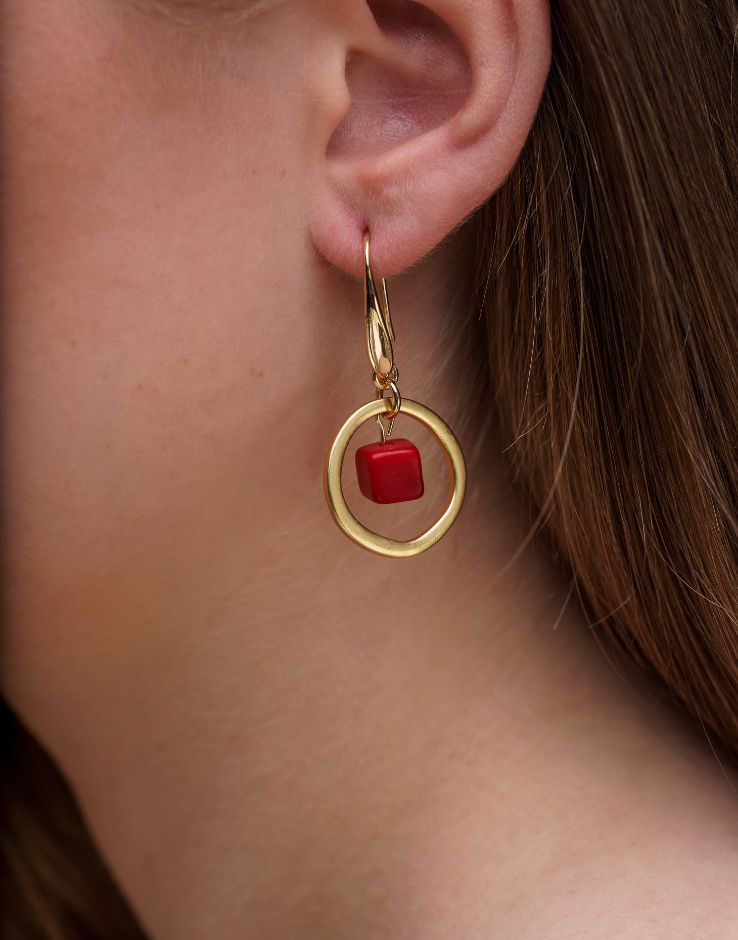Red Cubo Brass Hoop Earrings - Pretty Pink Jewellery