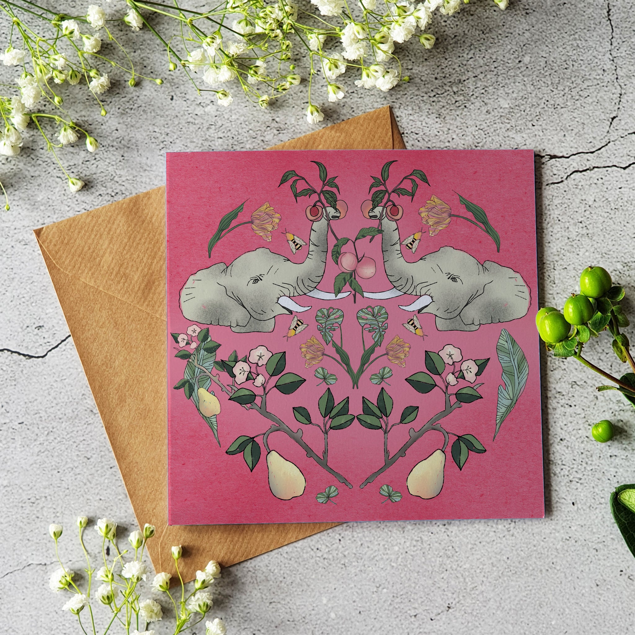 Elephant garden greeting card - Blank inside - Pretty Pink Jewellery