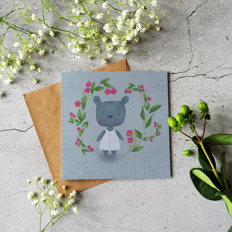 Blue bear greeting card - Blank inside - Pretty Pink Jewellery