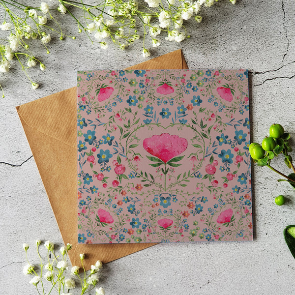 Vintage looking watercolour floral - greeting card blank inside - Pretty Pink Jewellery