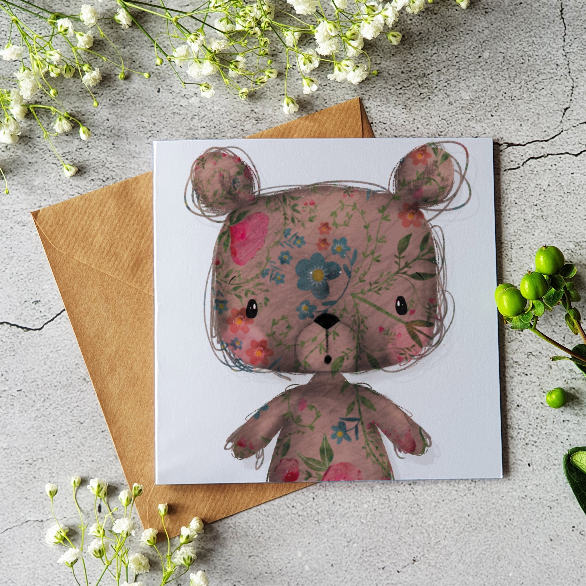 Floral bear- greeting card blank inside - Pretty Pink Jewellery