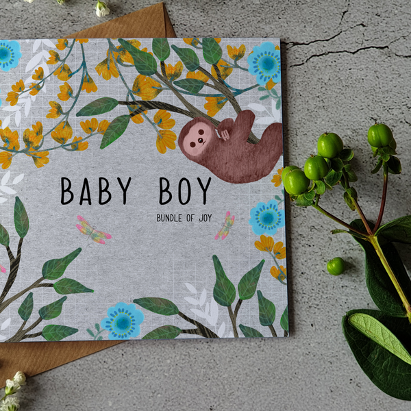 Baby Boy sloth greeting card - Blank inside - Pretty Pink Jewellery