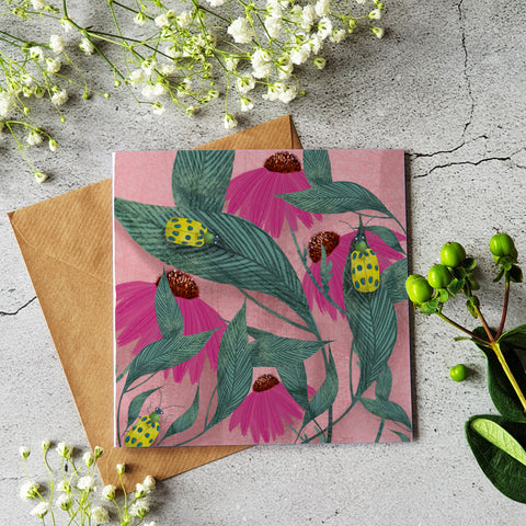 Flowers and bugs - greeting card blank inside - Pretty Pink Jewellery