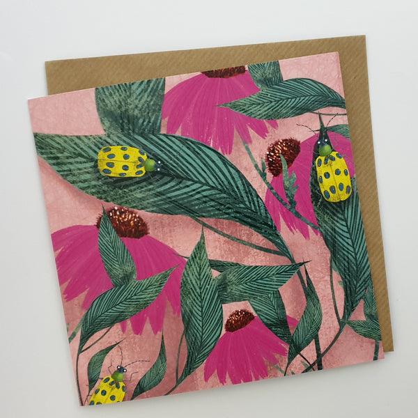 Flowers and bugs - greeting card blank inside - Pretty Pink Jewellery